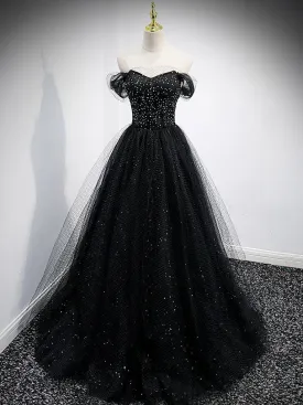 Black Sweetheart Off Shoulder Tulle Long Prom Dress Black Evening Dress