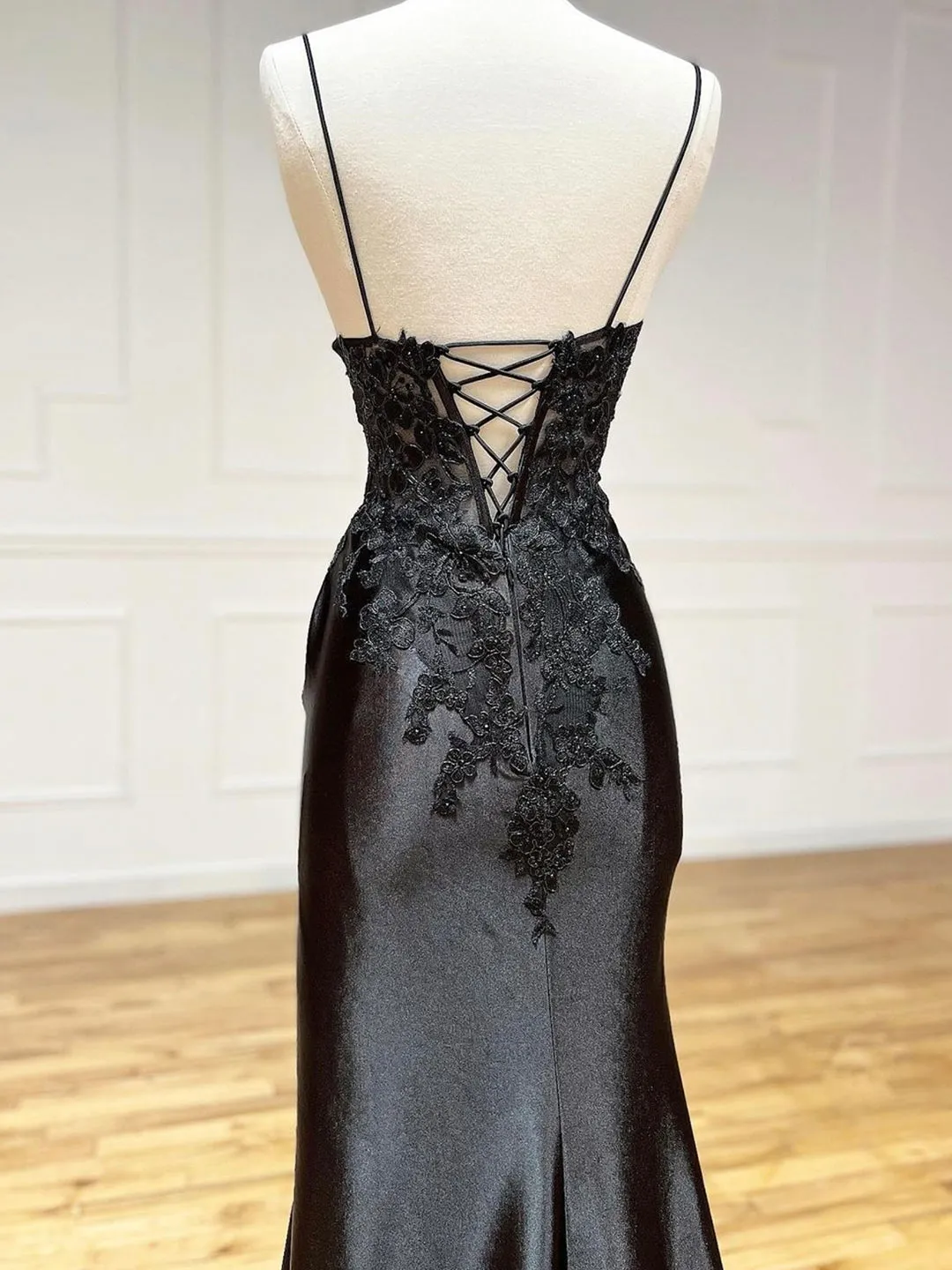 Black V-Neck Satin Lace Long Prom Dress Black Spaghetti Strap Evening Dress with Slit