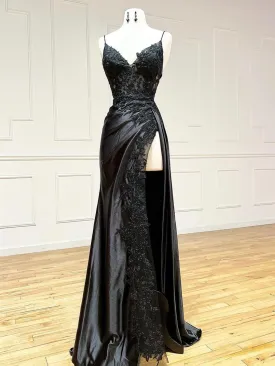 Black V-Neck Satin Lace Long Prom Dress Black Spaghetti Strap Evening Dress with Slit