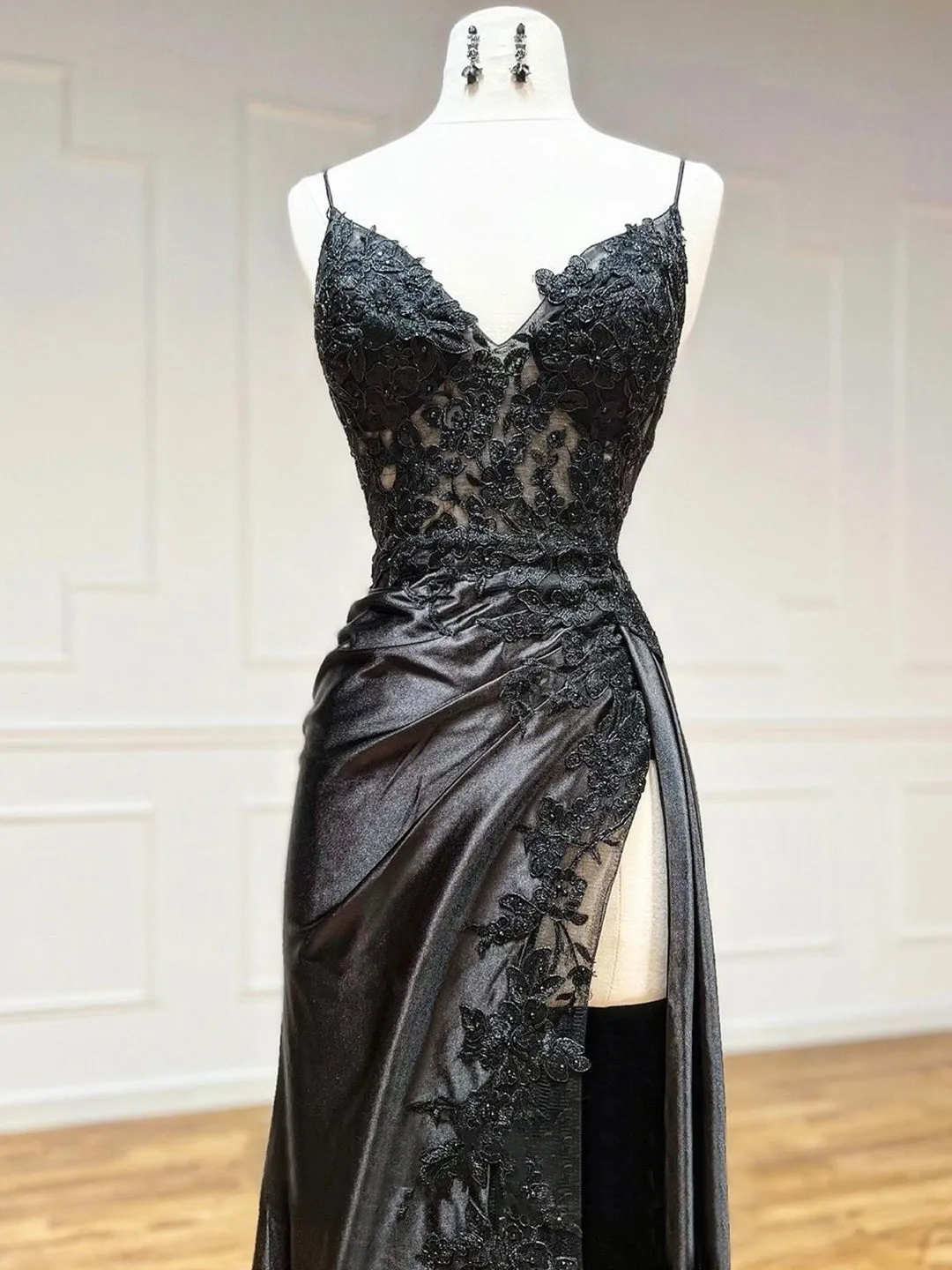 Black V-Neck Satin Lace Long Prom Dress Black Spaghetti Strap Evening Dress with Slit