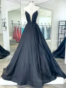 Black v neck satin long prom dress black evening dress