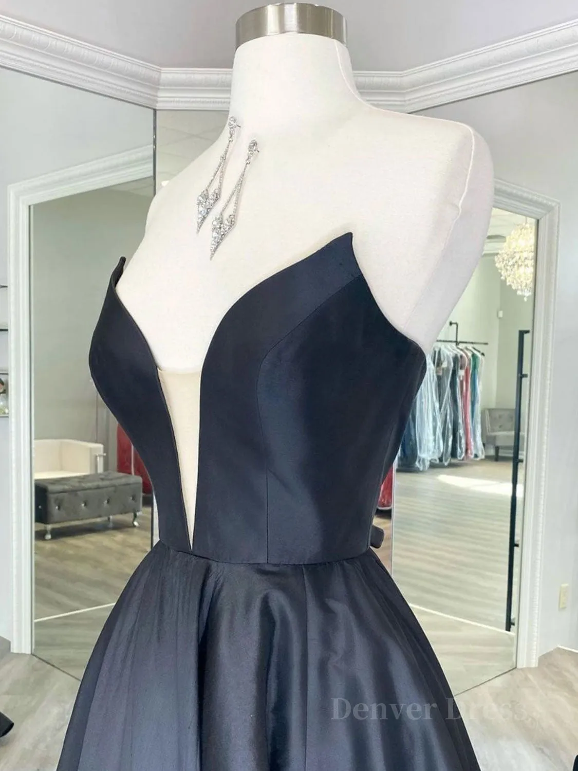 Black v neck satin long prom dress black evening dress