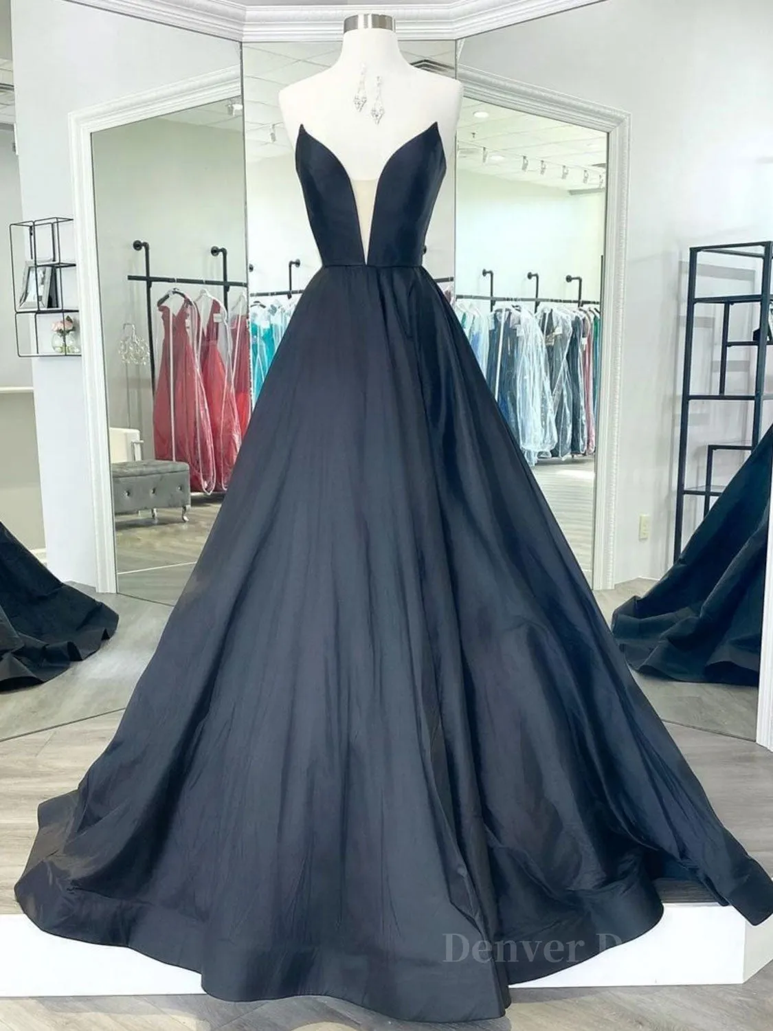 Black v neck satin long prom dress black evening dress