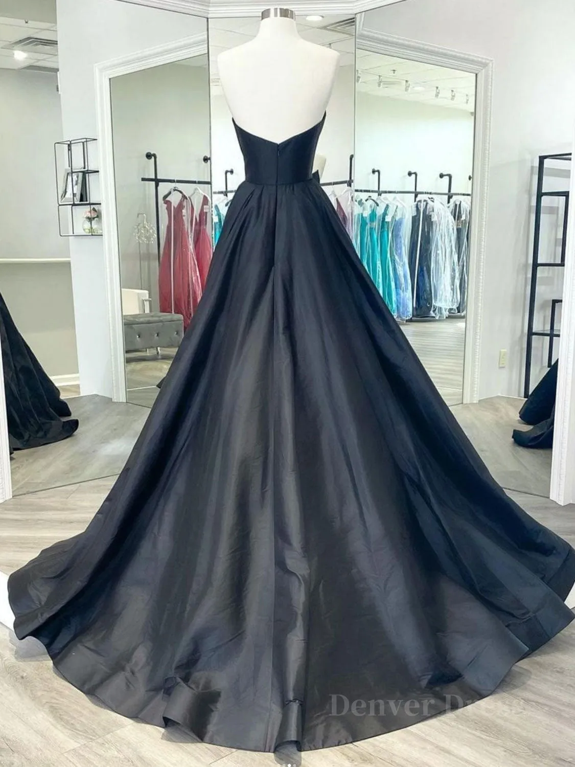 Black v neck satin long prom dress black evening dress