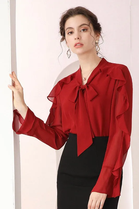 Blouse W/ Bow Tie and Ruffled Sleeve