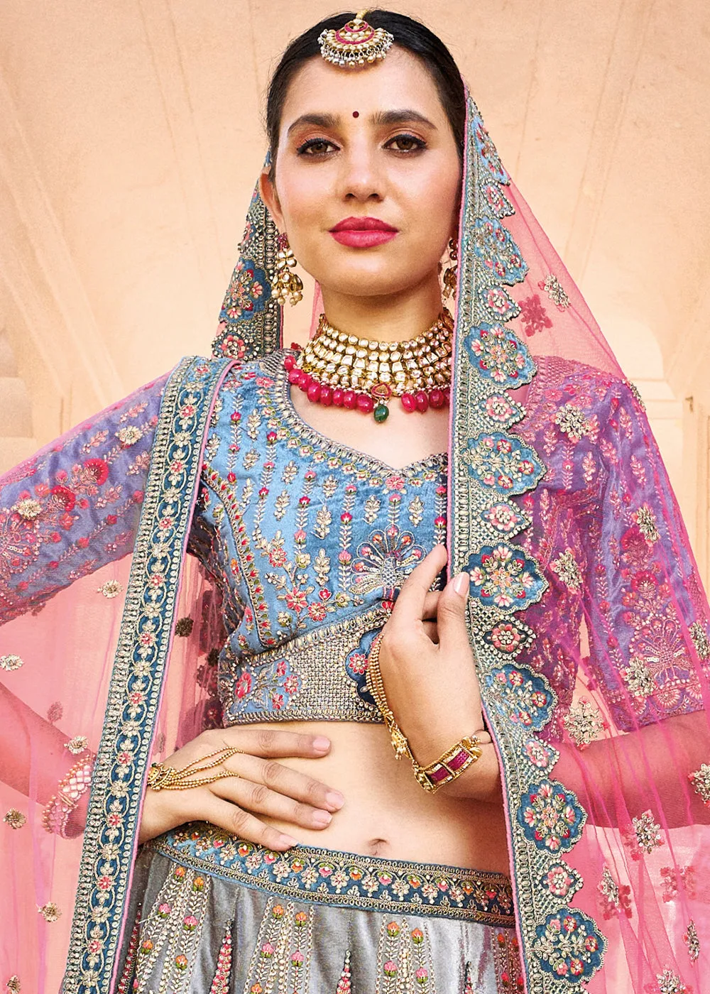 Blue & Grey Velvet Lehenga Choli with Heavy Embroidery Work