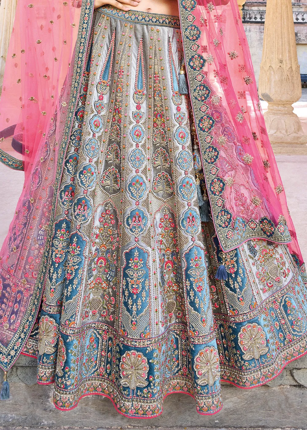 Blue & Grey Velvet Lehenga Choli with Heavy Embroidery Work