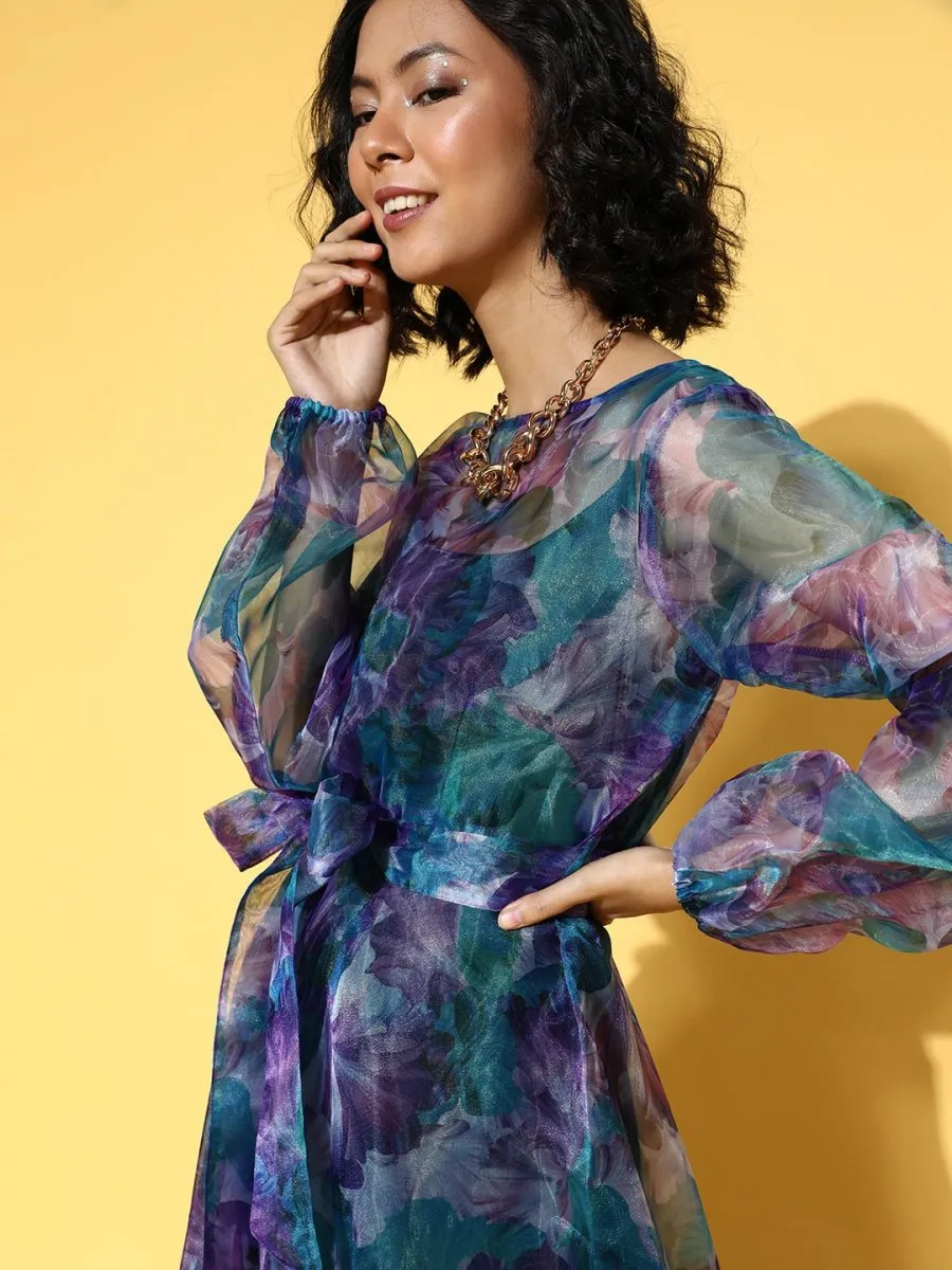 Blue & Purple Tropical Printed Fit and Flare Ruffled Gown