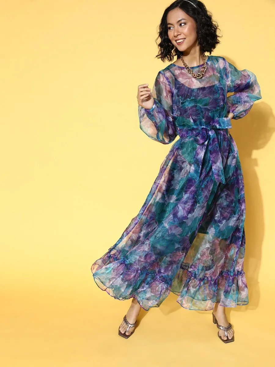 Blue & Purple Tropical Printed Fit and Flare Ruffled Gown