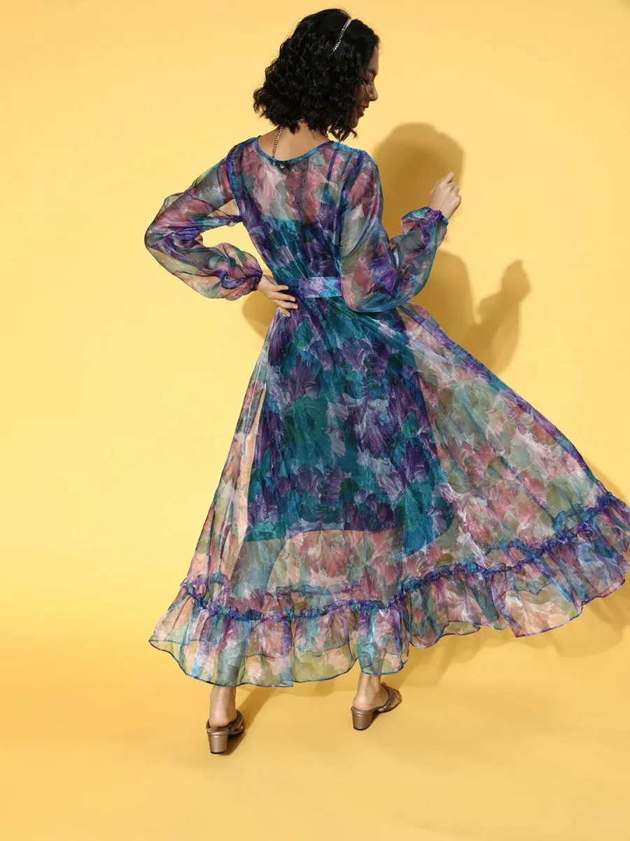 Blue & Purple Tropical Printed Fit and Flare Ruffled Gown