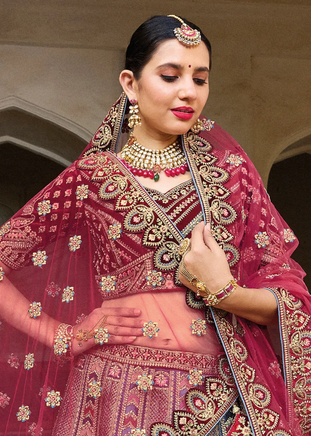 Blue & Red Velvet Lehenga Choli with Heavy Embroidery Work