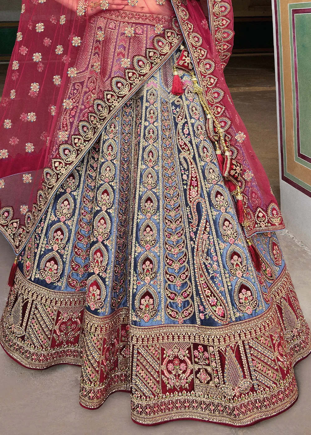 Blue & Red Velvet Lehenga Choli with Heavy Embroidery Work