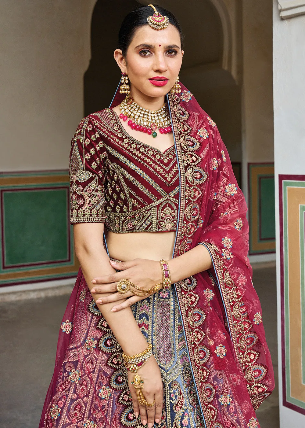 Blue & Red Velvet Lehenga Choli with Heavy Embroidery Work