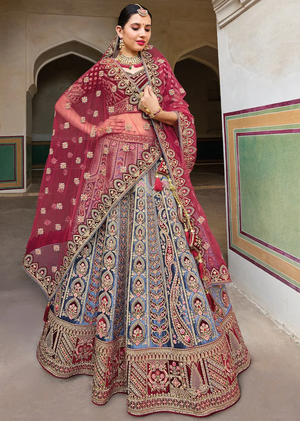 Blue & Red Velvet Lehenga Choli with Heavy Embroidery Work