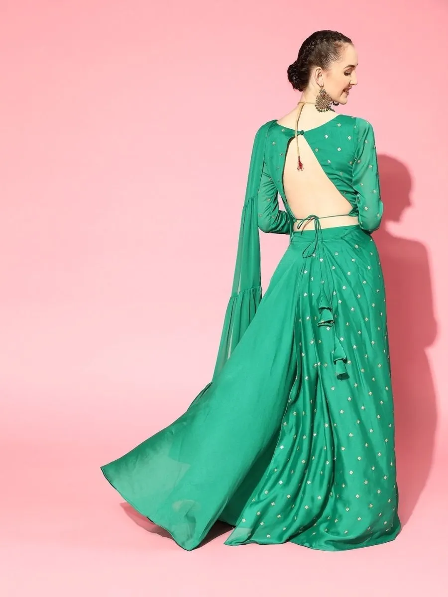 Bottle Green Lehenga Sequinned Ruffled Saree with Embroidered Blouse Piece