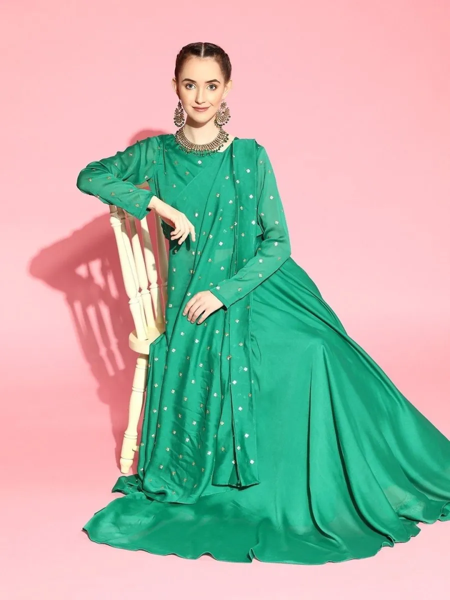 Bottle Green Lehenga Sequinned Ruffled Saree with Embroidered Blouse Piece