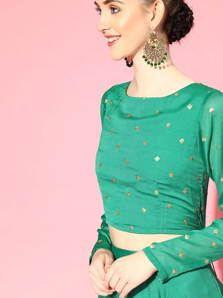 Bottle Green Lehenga Sequinned Ruffled Saree with Embroidered Blouse Piece