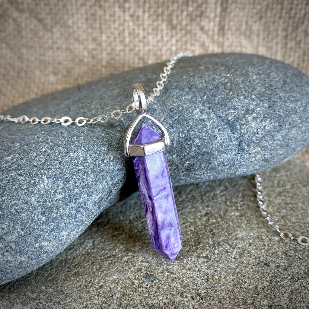 Charoite Double Point Pendant, Sterling Silver Setting, Siberian Stone