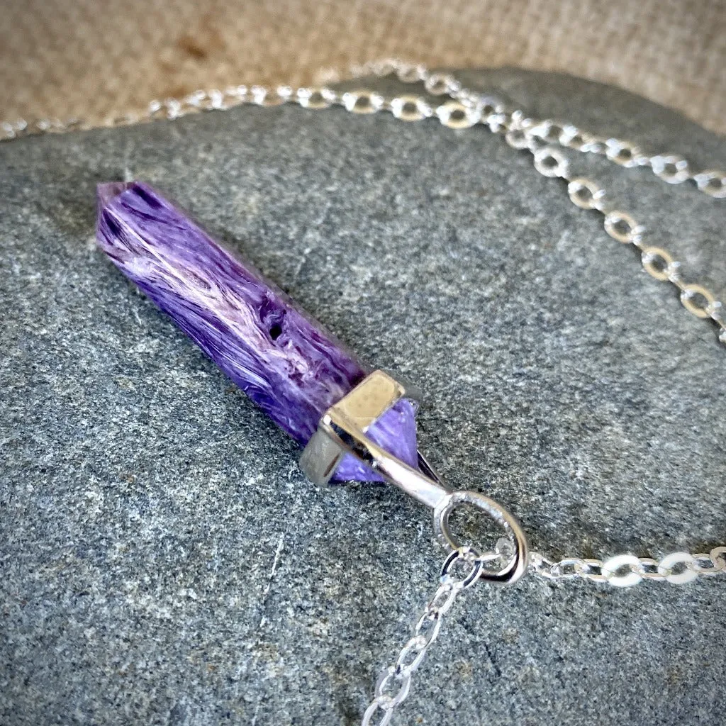 Charoite Double Point Pendant, Sterling Silver Setting, Siberian Stone