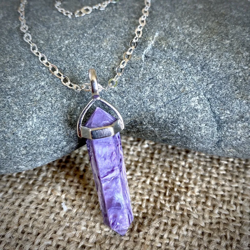 Charoite Double Point Pendant, Sterling Silver Setting, Siberian Stone
