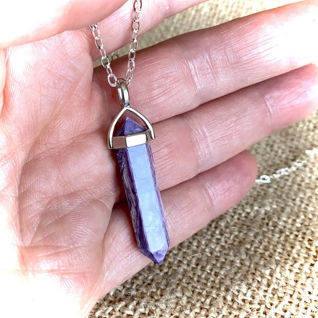 Charoite Double Point Pendant, Sterling Silver Setting, Siberian Stone