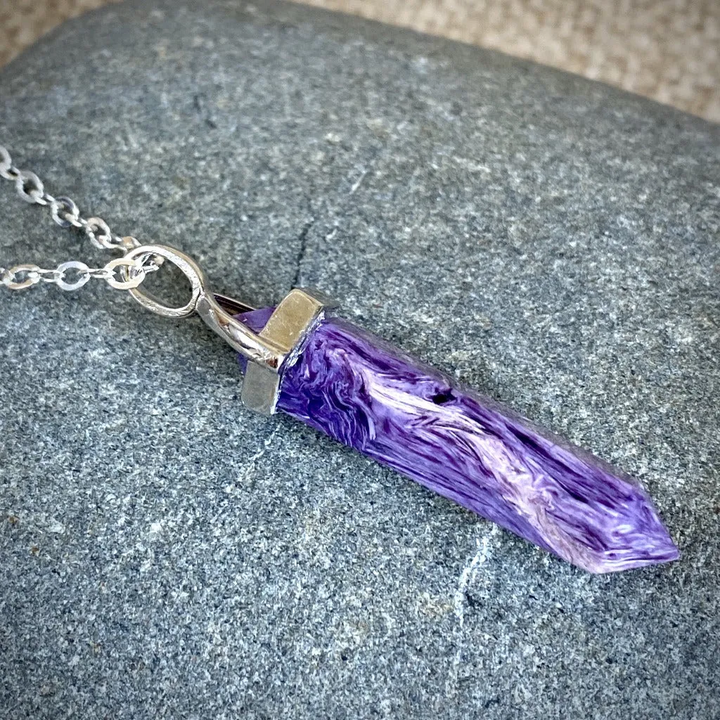 Charoite Double Point Pendant, Sterling Silver Setting, Siberian Stone