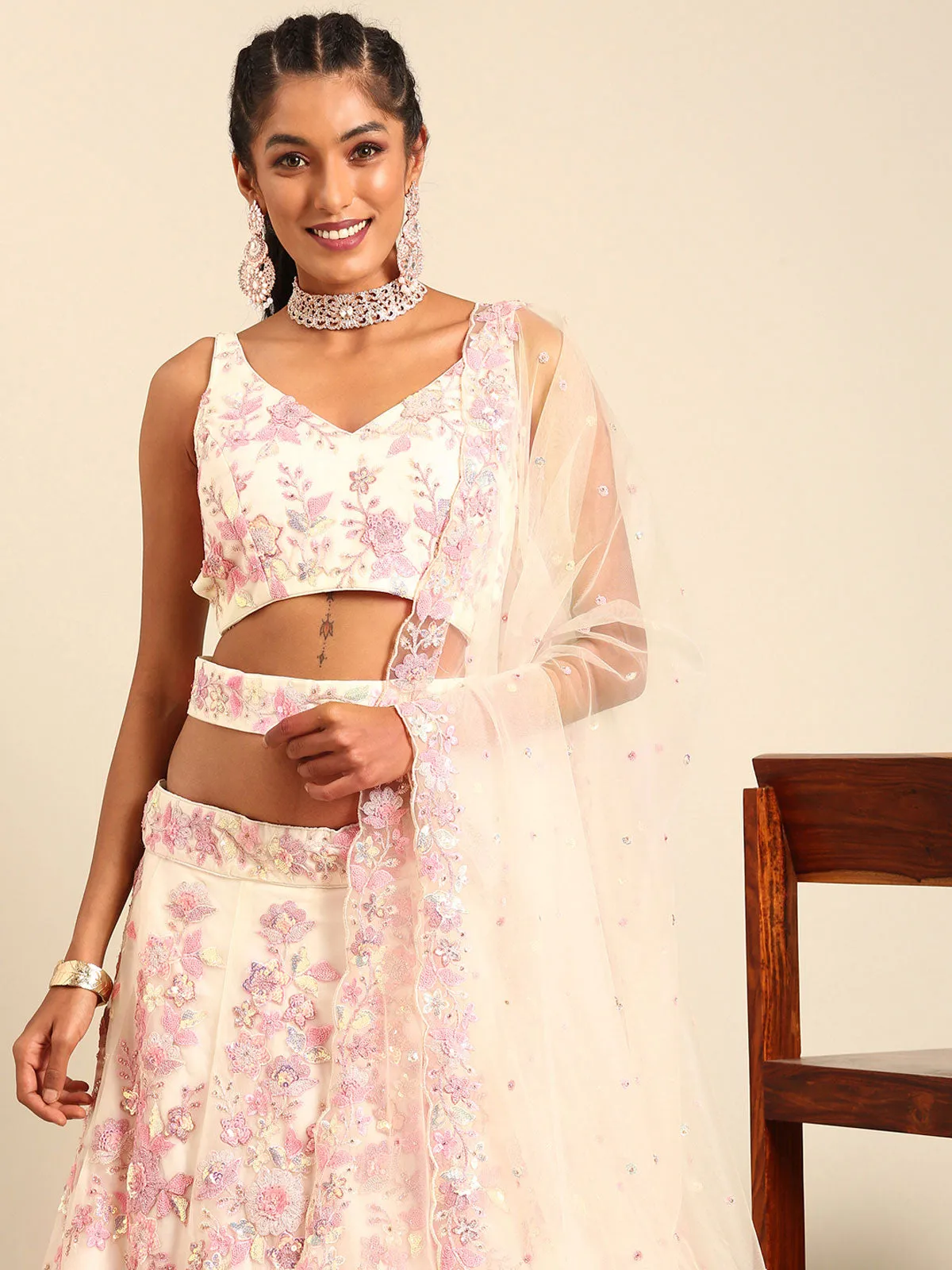 Cream Net Sequins with heavy Zarkan embroidery Semi-Stitched Lehenga choli & Dupatta