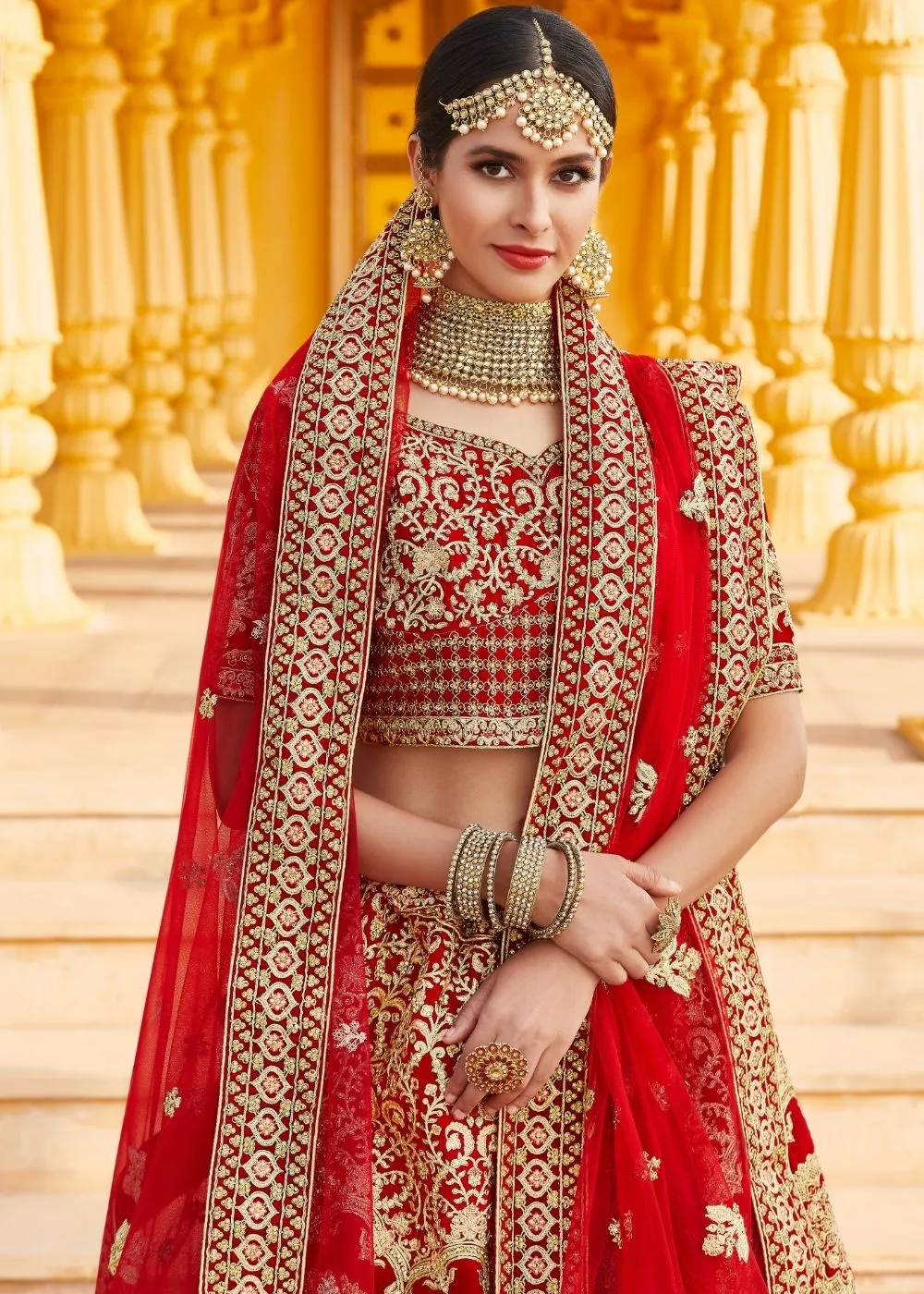 Crimson Red Velvet Bridal Lehenga Choli with Embroidery & Hand work