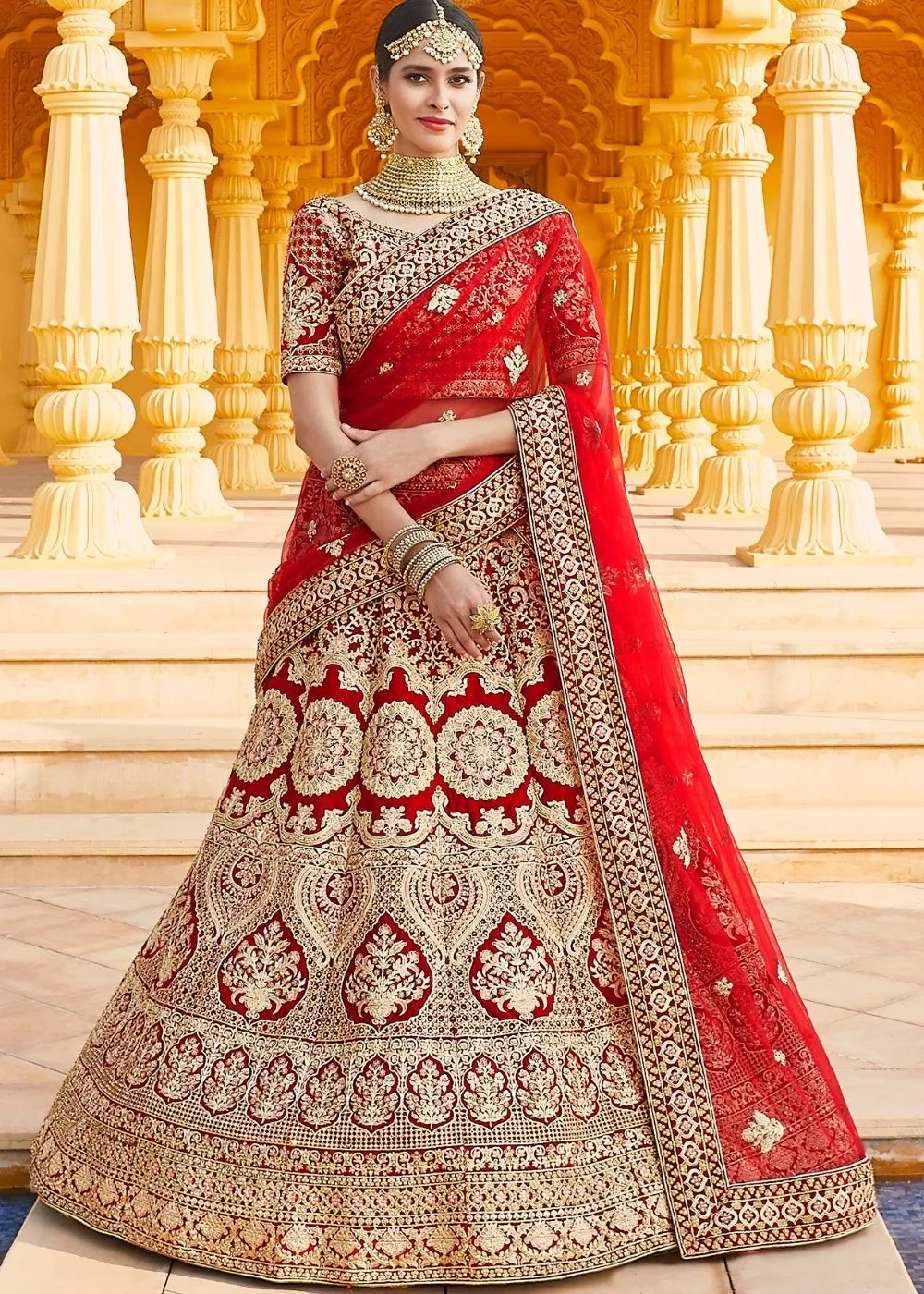 Crimson Red Velvet Bridal Lehenga Choli with Embroidery & Hand work