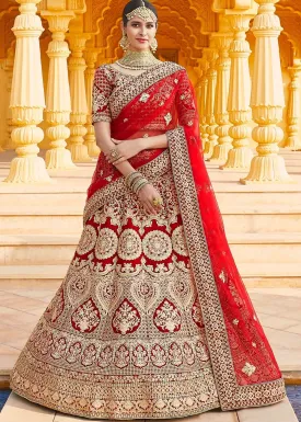 Crimson Red Velvet Bridal Lehenga Choli with Embroidery & Hand work