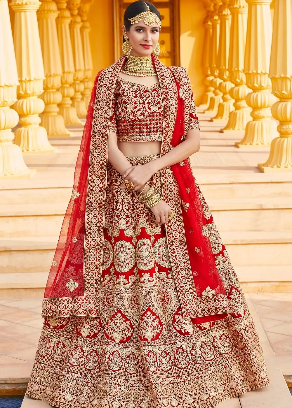 Crimson Red Velvet Bridal Lehenga Choli with Embroidery & Hand work