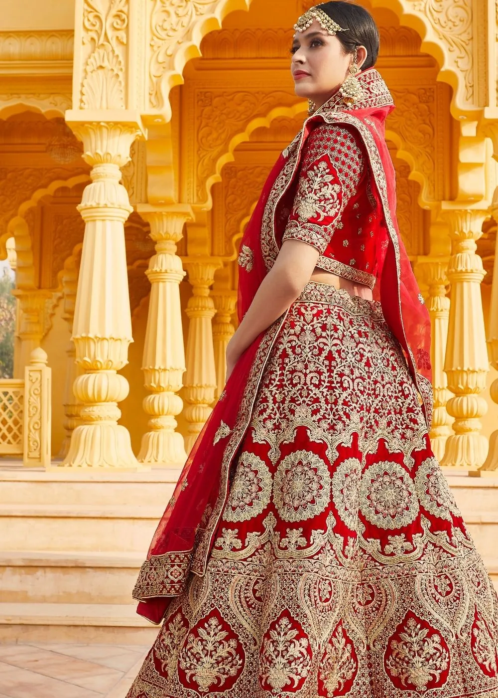 Crimson Red Velvet Bridal Lehenga Choli with Embroidery & Hand work