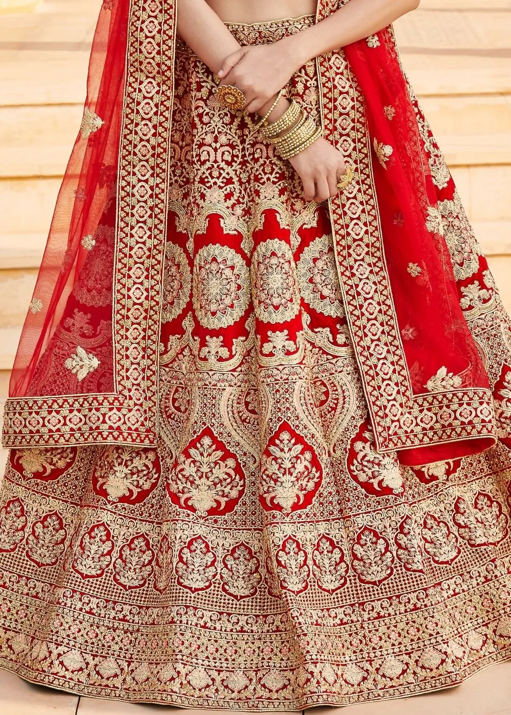 Crimson Red Velvet Bridal Lehenga Choli with Embroidery & Hand work