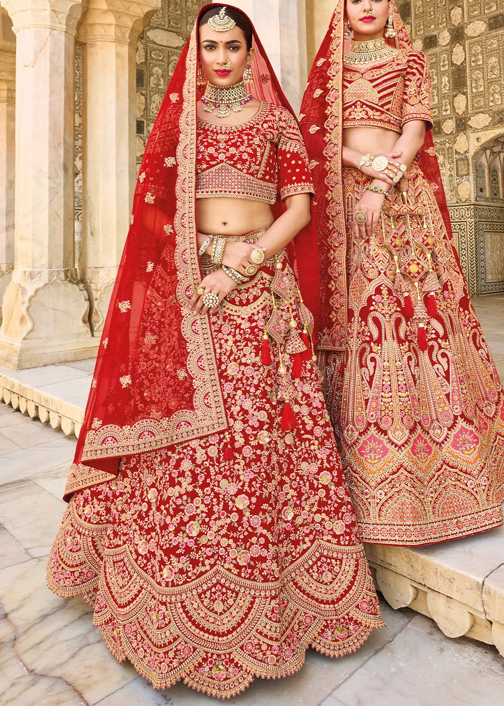 Crimson Red Velvet Lehenga Choli with Heavy Embroidery Work