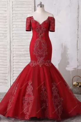 Dark Red Lace Off-shoulder Plus Size Dramatic Trumpet Prom Dress