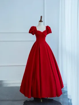 Dark Red Satin Long Prom Dress A-Line Short Sleeve Evening Party Dress