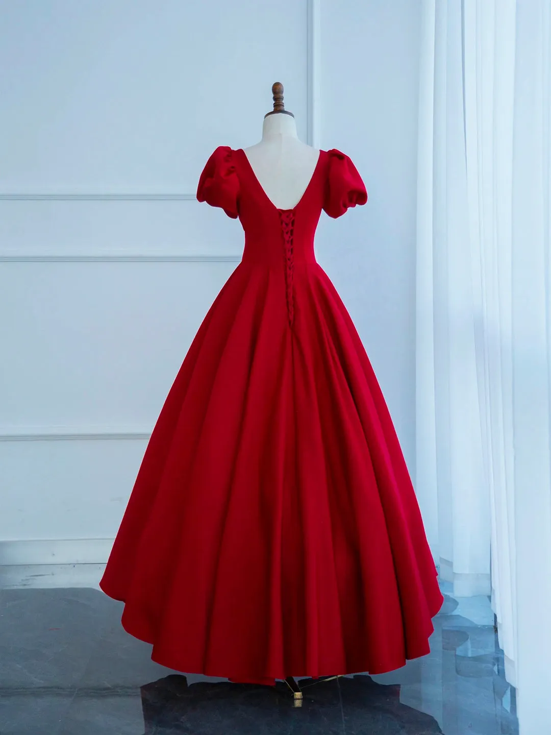Dark Red Satin Long Prom Dress A-Line Short Sleeve Evening Party Dress