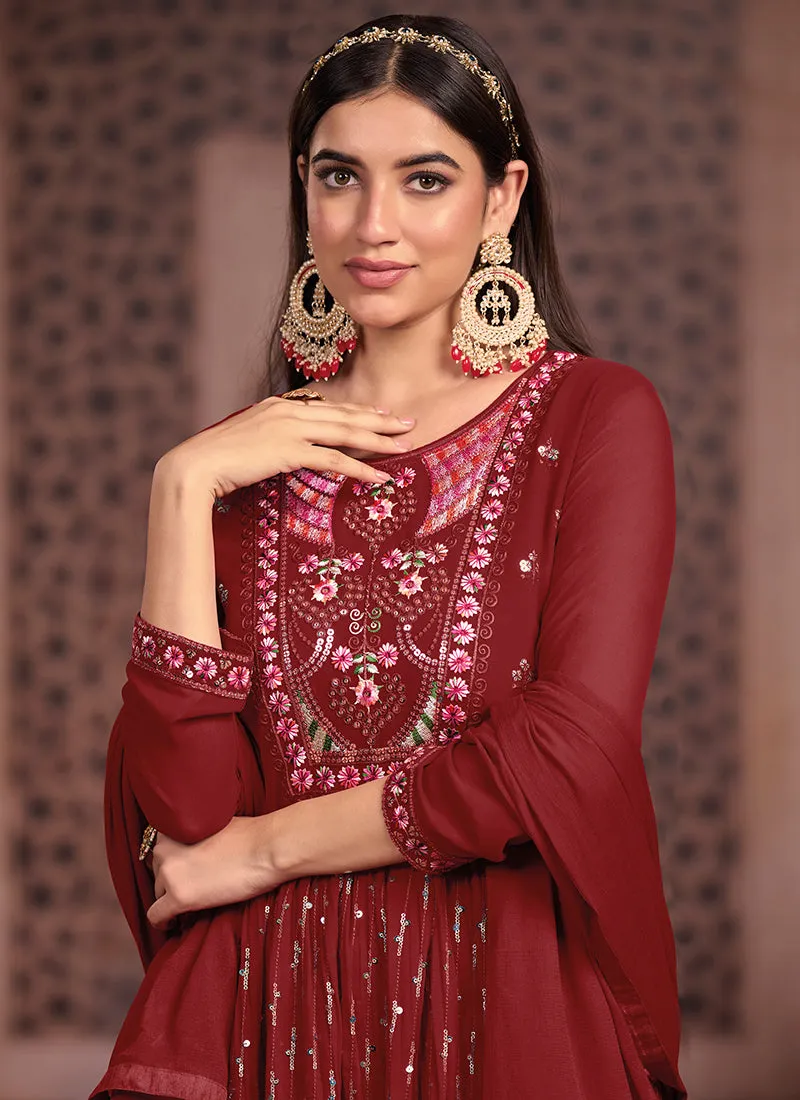 Deep Red Multi Embroidered Traditional High Slit Palazzo Suit