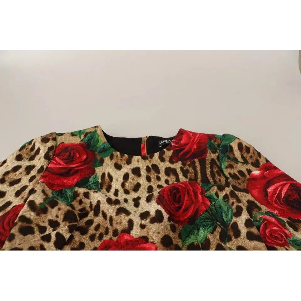 Dolce & Gabbana Brown Leopard Red Roses Cotton A-line Dress