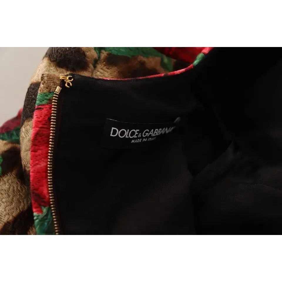 Dolce & Gabbana Brown Leopard Red Roses Cotton A-line Dress