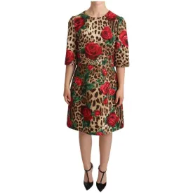 Dolce & Gabbana Brown Leopard Red Roses Cotton A-line Dress