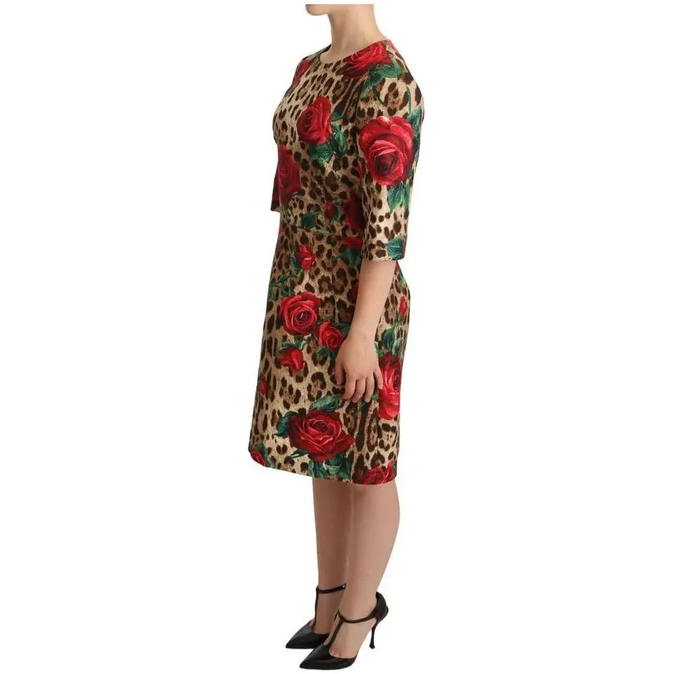 Dolce & Gabbana Brown Leopard Red Roses Cotton A-line Dress