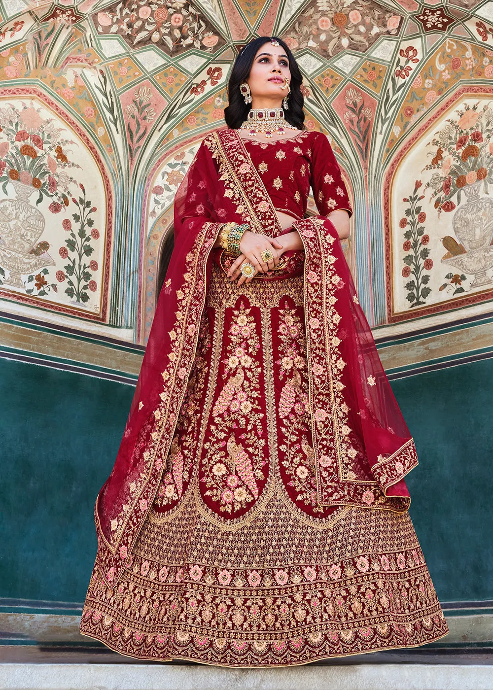Dreamy Red Velvet Dori & Zarkan Work Bridal Lehenga Choli
