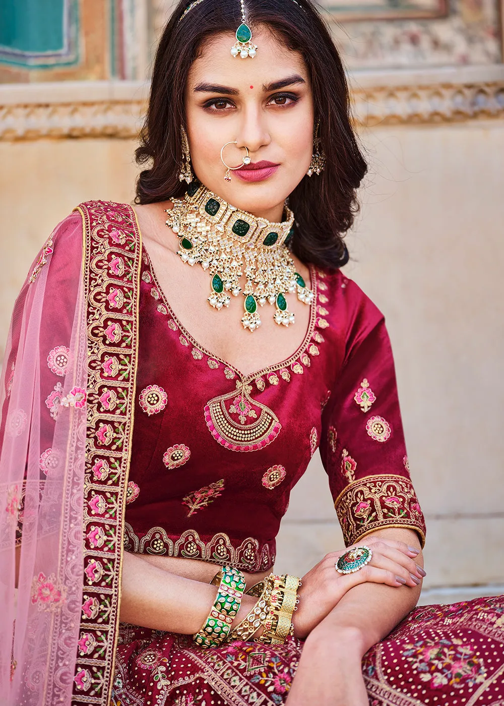 Dreamy Red Velvet Dori & Zarkan Work Bridal Lehenga Choli