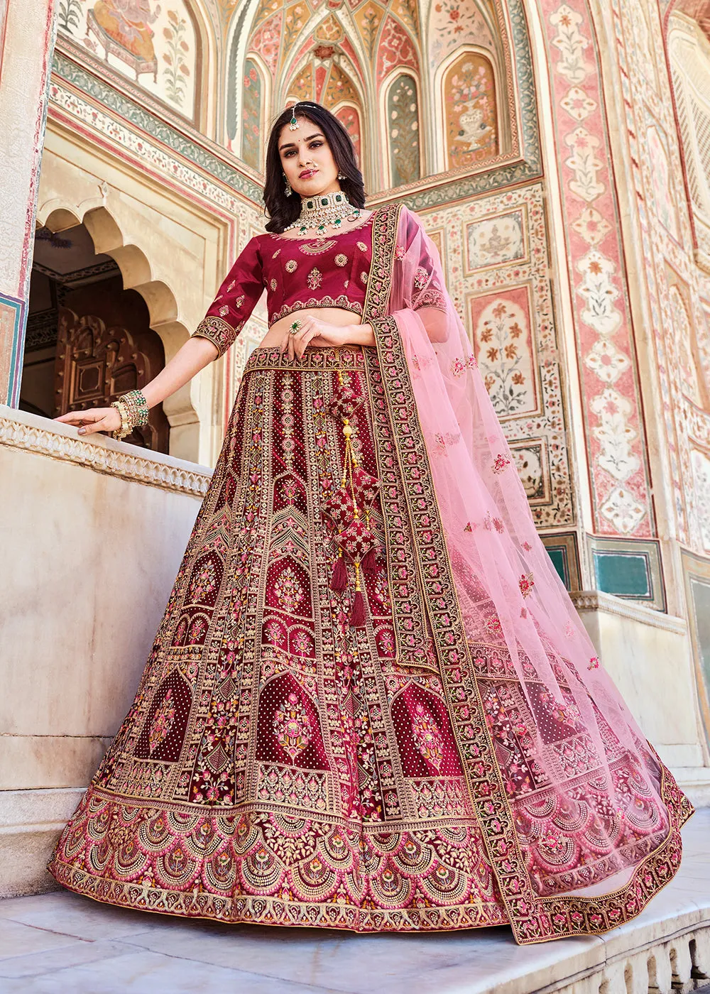 Dreamy Red Velvet Dori & Zarkan Work Bridal Lehenga Choli