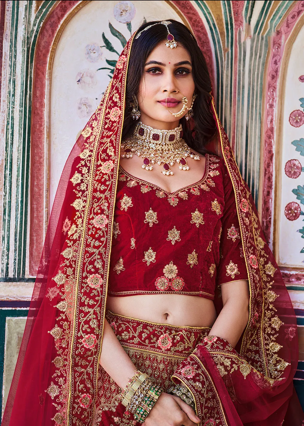 Dreamy Red Velvet Dori & Zarkan Work Bridal Lehenga Choli