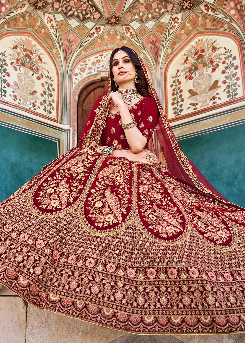 Dreamy Red Velvet Dori & Zarkan Work Bridal Lehenga Choli