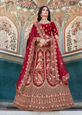 Dreamy Red Velvet Dori & Zarkan Work Bridal Lehenga Choli