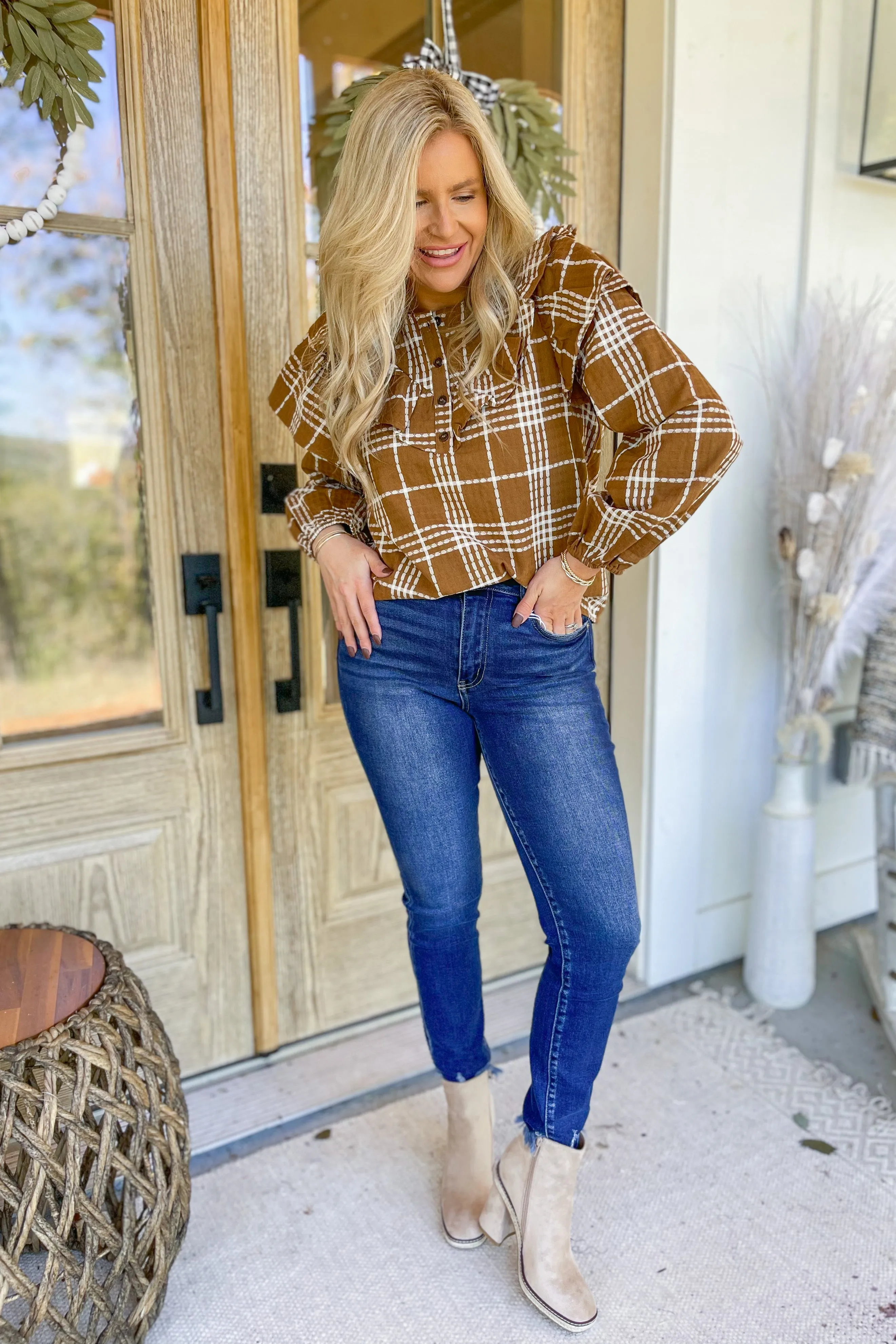 Geri Plaid Half Button Up Long Sleeve Ruffled Blouse Top