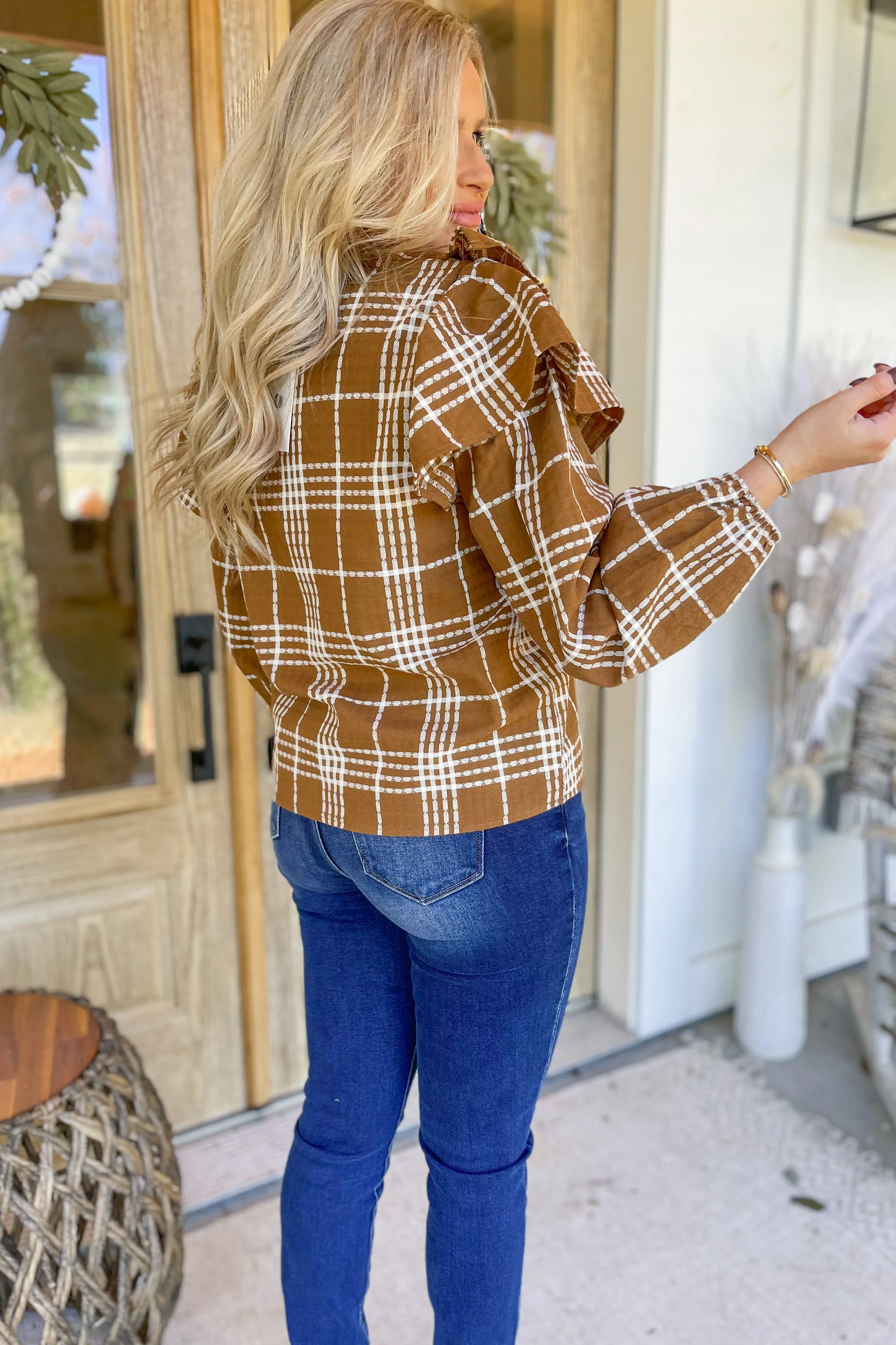 Geri Plaid Half Button Up Long Sleeve Ruffled Blouse Top